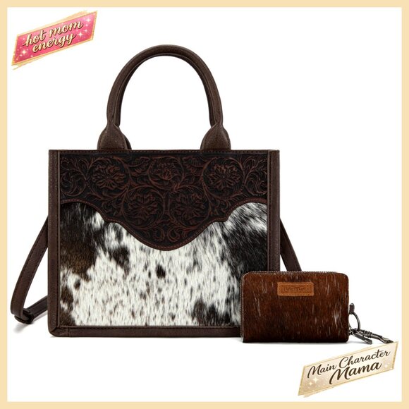Western Tote Bag Hair On Cowhide Floral Tooled Handbag 10.5x8